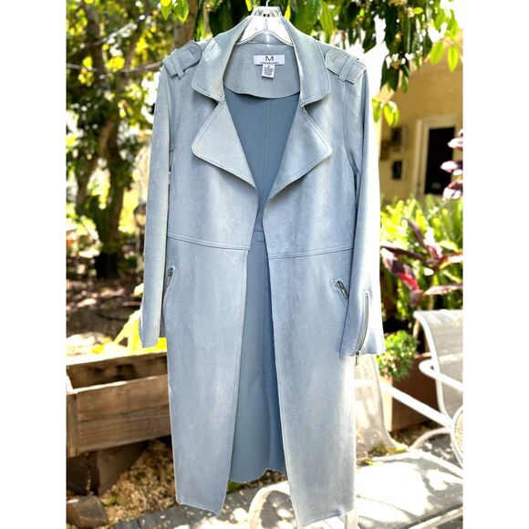 Magaschoni Light Blue Microsuede Open Front Belted Long Duster Coat Size M - Picture 3 of 8